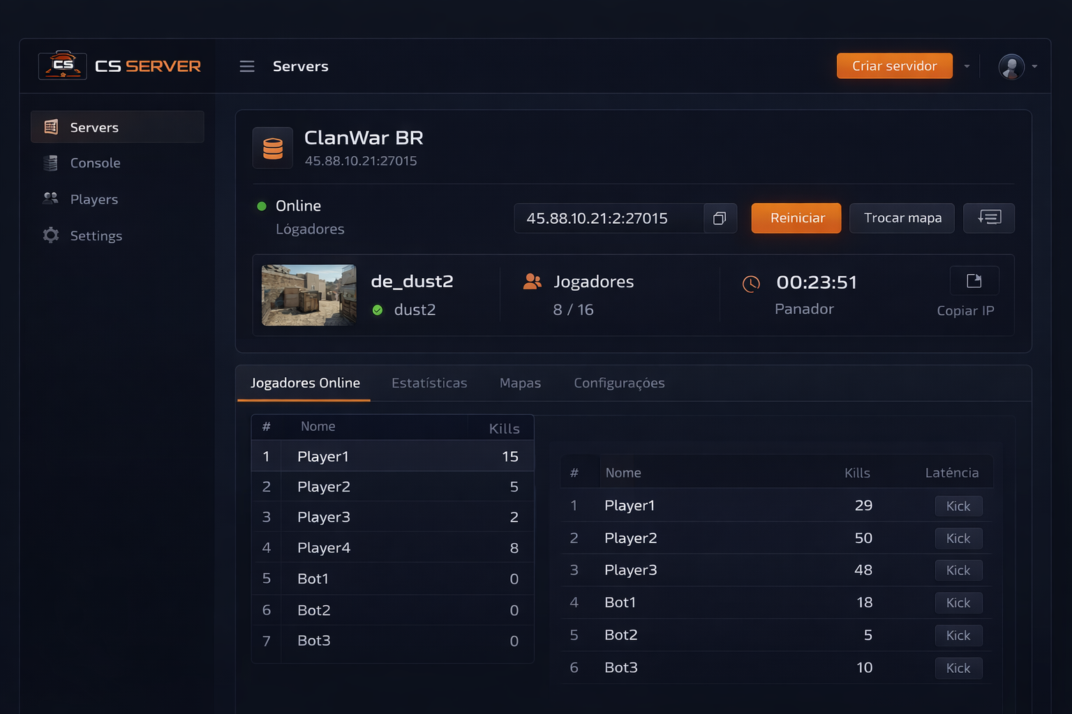 Preview do painel de controle do servidor CS 1.6